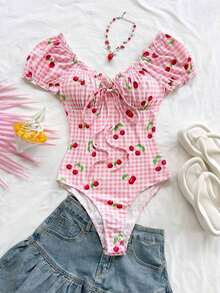 Body de mujer con volantes y lazo delantero, estampado de cuadros y cerezas para vacaciones - Multicolor 2 - Ver 5