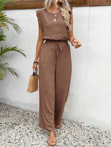 Conjunto de 2 piezas de blusa con ribete de encaje de unicolor y pantalones de pierna ancha para mujer, casual para vacaciones y viajes, primavera/verano - Café integral - Ver 1
