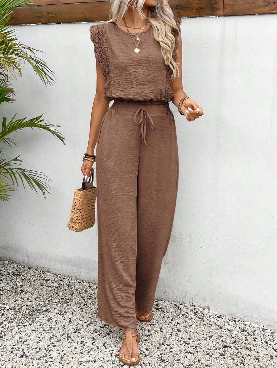 Conjunto de 2 piezas de blusa con ribete de encaje de unicolor y pantalones de pierna ancha para mujer, casual para vacaciones y viajes, primavera/verano - Café integral - Ver 1