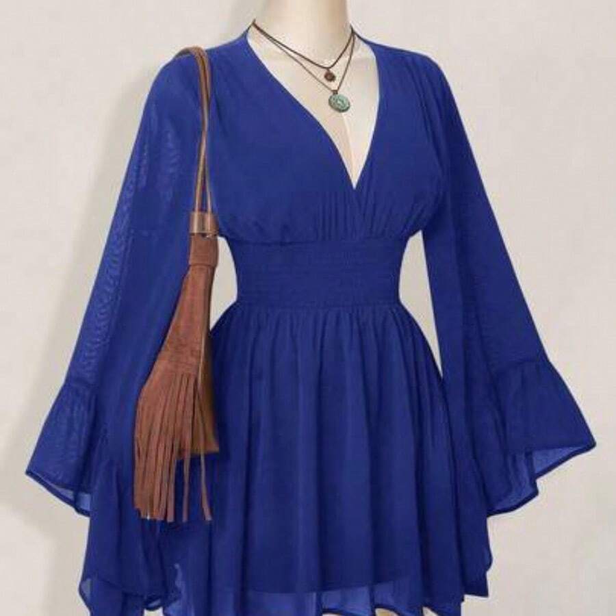 ICON Women's Halloween Goth Black Corset Solid Color V-Neck Waist Cinched Elegant Long Sleeve Mini Dress,Fall/Winter Bell Sleeve Dress Black Dress With Sleeves,Thanksgiving Outfit For Women - Azul - Ver 1