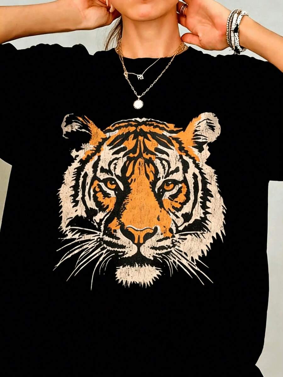 Unisex Women's Vintage Tiger Face Print T-Shirt - Loose And Casual Short Sleeve Crew Neck Summer Beachwear. Features Include Soft And Breathable Fabric With A Tiger Stripe Design, Machine Washable, And Comfortable For Everyday Wear. This Vintage Animal Pattern H-Cut T-Shirt Is A Stylish And Casual Top. It Features A Skin-Friendly Graphic Print, A Retro 90s Style, And A Casual Vibe. - 黑色 - 查看 1