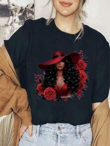 Camiseta para Mujer - Elegante Blusa Floral con Rosas Rojas, Top Casual Suave para el Día a Día, Lavable en Máquina, Ropa Versátil y Cómoda, Corte Relajado, Tejido Transpirable, Estampada, Moda Femenina, Ideal para Hogar o Eventos Formales - Negro - Ver 2