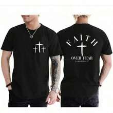 Camiseta de Hombre "Fe Cristiana Sobre el Miedo" con Cruz, Dios y Jesús, Estilo Lavado Ácido, Versículo Bíblico Vintage, Manga Corta LEAY - Blanco - Ver 1