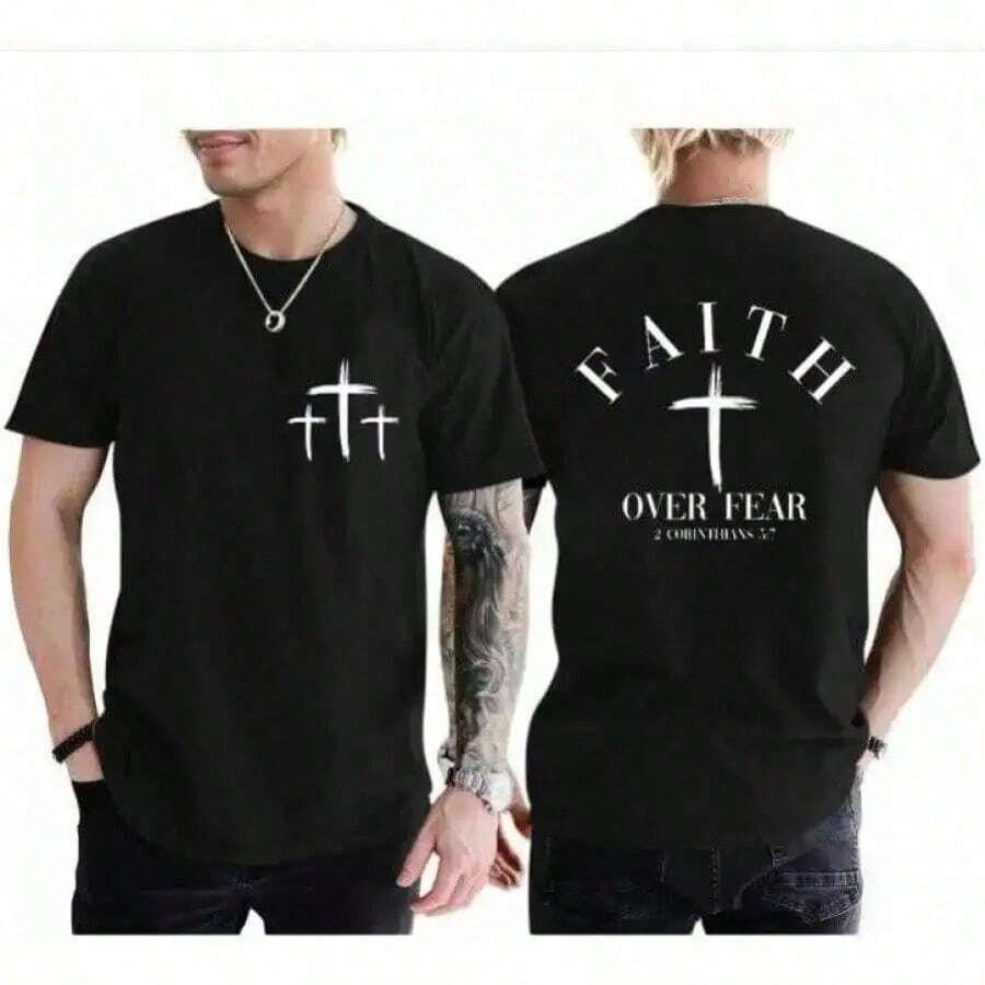 Camiseta de Hombre "Fe Cristiana Sobre el Miedo" con Cruz, Dios y Jesús, Estilo Lavado Ácido, Versículo Bíblico Vintage, Manga Corta LEAY - Blanco - Ver 1