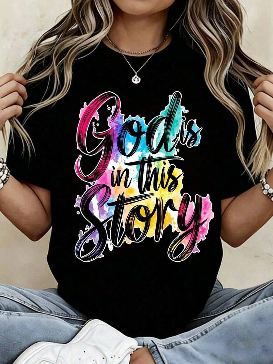 God Is In This Story Christian T-Shirt, Graphic Tee With Religious Statement Of Faith For Women, Inspirational Message, Spiritual Gift For Her, Church Clothing, Blouses For Women - 黑色 - 查看 1