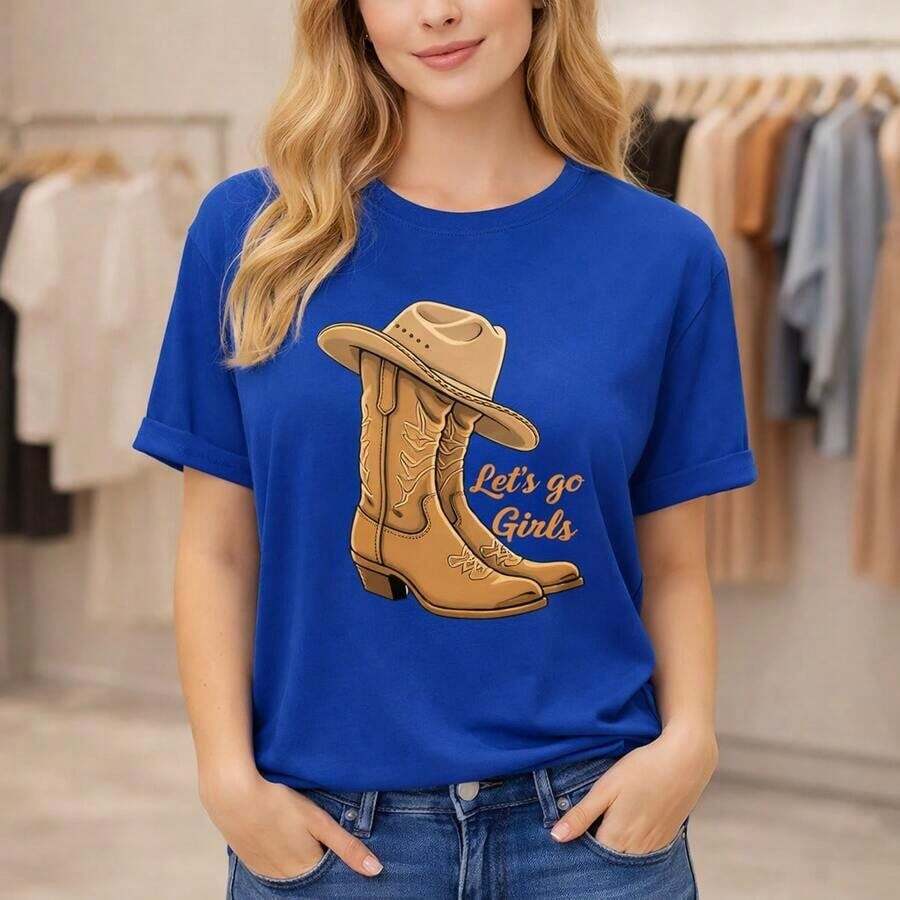 Women's Plus Size Cotton T-Shirt With Cowboy Boot Print "Let's Go Girls", Casual Loose Fit, Short Sleeve, For Western Country Music Fans, Sizes M-5XL, Soft And Comfortable Plus Size Casual T-Shirt, Suitable For Spring, Summer And Autumn. - 藍色 - 查看 1