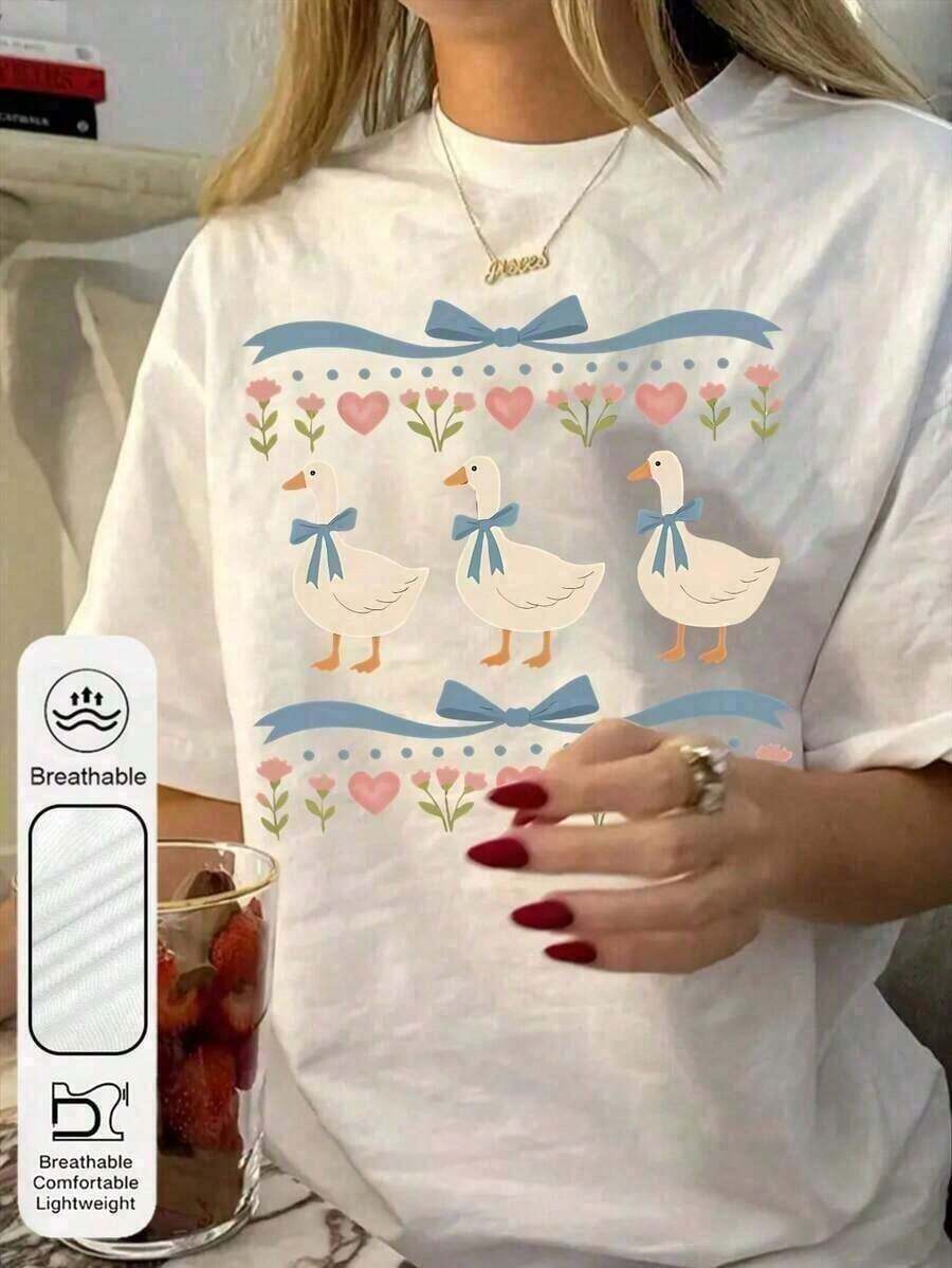 Camiseta Casual 1 pieza para mujer, estilo retro de los 80, de corte holgado, con estampado de pato coqueta, lazo y flores, de algodón suave, manga corta, estilo casual urbano para mujer, 180g - Camisetas de verano de manga corta con estampado gráfico para mujer, bonitas camisetas casuales de playa, conjunto dulce para el Día de la Madre, camisetas gráficas, camisetas gráficas occidentales, ropa para hombre, camisetas gráficas para hombre, ropa de mujer, tops de verano, camisetas gráficas, 100% algodón, duradera. - Blanco - Ver 1