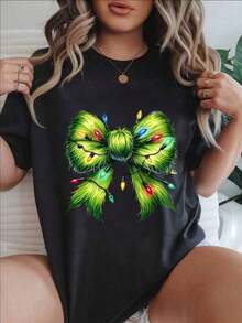 Camiseta Casual para Mujer - Manga Corta, Cuello Redondo, Estampado de Lazo Verde con Luces Navideñas Coloridas, Top de Verano, Lavable a Máquina, Camisetas para Damas, Ropa Casual, Estilo Moderno, Ajuste Cómodo  
 -Blanco100% AlgodónDuradero - Negro - Ver 7