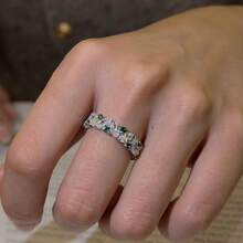 French Luxury Inlaid Green Zirconia Horse Eye Rhombus Plated White Gold Open Ring For Women - Green - View 2