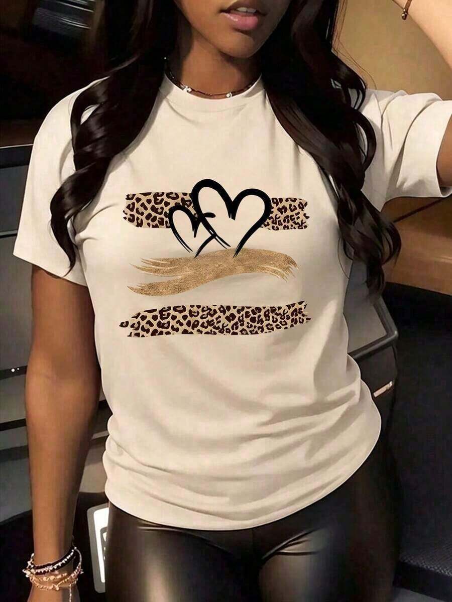 Women's Plus Size Oversized T-Shirt With Heart And Leopard Print - Chic Casual Clothing For Women, Women's Casual Graphic Print T-Shirt | Summer 2026 - 杏 - 查看 1