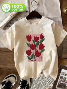 Camiseta de mujer 100% algodón puro, con diseño artístico de tulipanes rojos vintage, mangas cortas, suave y agradable al tacto, transpirable, perfecta para primavera y verano, adecuada para uso diario, citas y desplazamientos - Camiseta de manga corta con cuello redondo de algodón suelto estilo vintage unisex, blusas para mujer. blusas.blusas casuales para dama. - Albaricoque - Ver 1