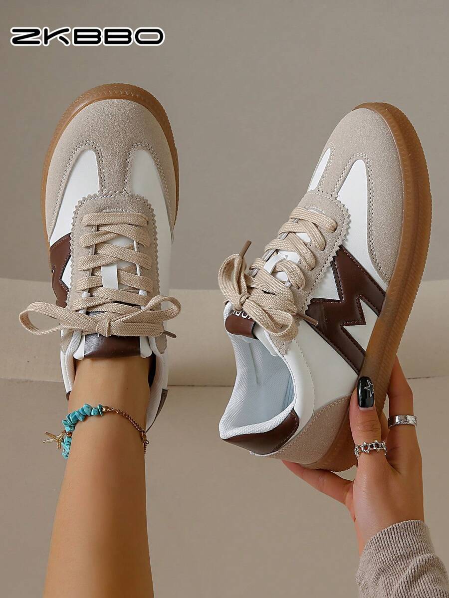 ZKBBO Giày thể thao nữ casual, kiểu dáng retro buộc dây mũi tròn, nhẹ, thoải mái, chống trơn trượt, thích hợp cho tập thể dục, đi bộ và trượt ván. - Màu be - Xem 1