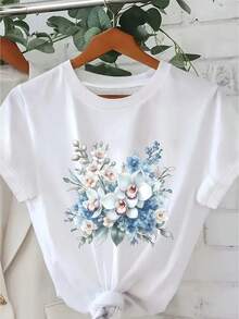 Camiseta de mujer con estampado floral, top casual de manga corta y cuello redondo para primavera y verano. - Blanco 1 - Ver 7
