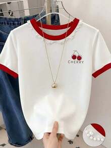 Women's Short-Sleeved T-Shirt With Color Block Heart Print, Romantic Valentine's Day Gift - 粉色 - 查看 4