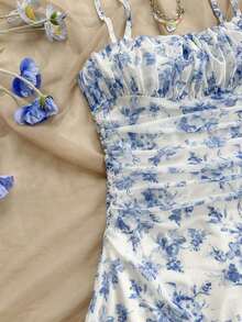 Vestido de tirantes de malla con estampado floral azul y blanco para vacaciones de verano de mujer - Azul y blanco 2 - Ver 4