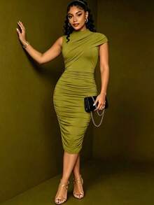 Vestido ajustado de unicolor con pliegues elegante para uso diario de mujer - verde aguacate - Ver 6