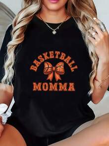 100% Cotton, Plus Size - Basketball Mom T-Shirt - Black T-Shirt With Orange Lettering, Lightweight And Semi-Sheer Top, Suitable For Basketball Moms, Machine Washable Gift, Casual Wear, Bow Design T-Shirt, Breathable Fabric, Clothing, Stylish Design, Durable Construction, Short Sleeve T-Shirt, For Enthusiasts - Everyday Wear T-Shirts - 黑色 - 查看 7