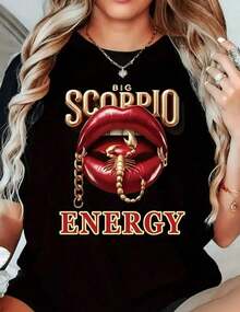 Women's Printed Short Sleeve Scorpio Lip Summer Round Neck Casual Black White Cartoon Print T-Shirts Loose, Casual And Versatile Top T-Shirt - 黑色 - 查看 4