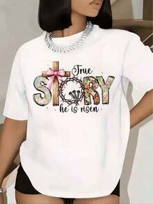 Women's Easter T-Shirt, True Story, He Has Risen, Cross And Crown Of Thorns, Floral Print, Short Sleeve, Round Neck, Casual Religious Easter Outfit, 220g - 白色的 - 查看 1