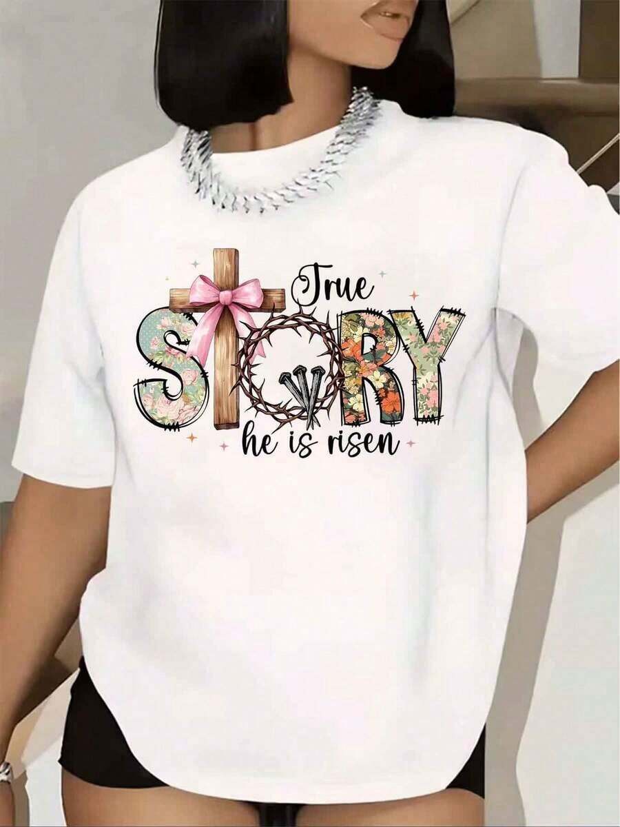 Women's Easter T-Shirt, True Story, He Has Risen, Cross And Crown Of Thorns, Floral Print, Short Sleeve, Round Neck, Casual Religious Easter Outfit, 220g - 白色的 - 查看 1