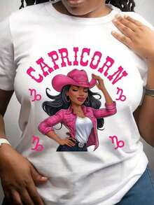 Women's Capricorn Zodiac Sign Print T-Shirt, Astrology Gift For Women, Birthday Gift, Perfect For Outdoor Activities And Casual Wear, All-Season Style T-Shirt, Bohemian Blouses For Women - 白色 - 查看 1
