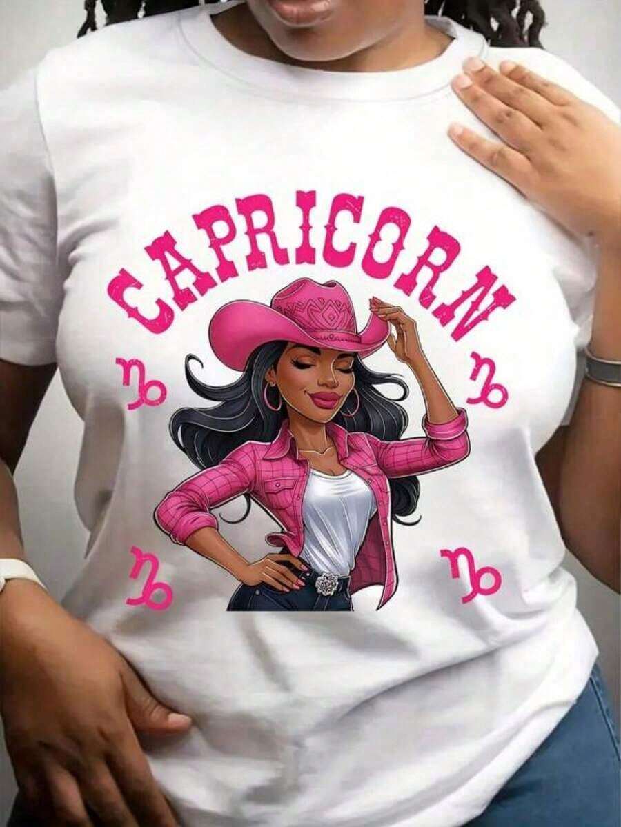Women's Capricorn Zodiac Sign Print T-Shirt, Astrology Gift For Women, Birthday Gift, Perfect For Outdoor Activities And Casual Wear, All-Season Style T-Shirt, Bohemian Blouses For Women - 白色 - 查看 1