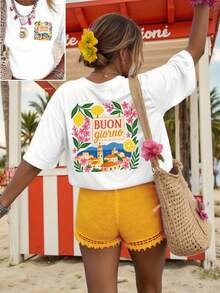 Short-Sleeved T-Shirt With A Round Neck, Featuring A Front And Back Print, Made Of Cotton. New Spring/Summer 2026 Collection. Casual Print With Lettering And Festive Motifs. Fun, Regular-Fit Top For Women. | Breathable Fabric G6DB - 黑色 - 查看 9