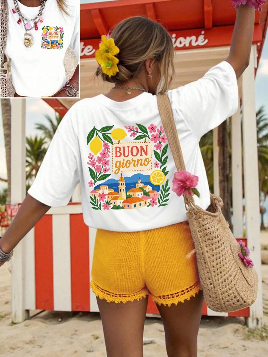 Short-Sleeved T-Shirt With A Round Neck, Featuring A Front And Back Print, Made Of Cotton. New Spring/Summer 2026 Collection. Casual Print With Lettering And Festive Motifs. Fun, Regular-Fit Top For Women. | Breathable Fabric G6DB - White - View 1