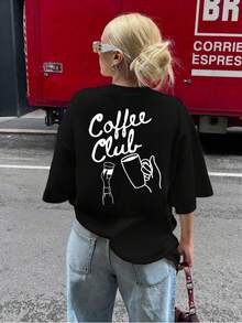 Women's Pure Cotton Short Sleeve T-Shirt With Vintage Cafe Club Print - High Elasticity Crew Neck Casual Top, Comfortable Top, Coffee Theme Design, Machine Washable, Suitable For Daily Wear And Layering, Summer Clothes For Women, Summer Top, Blouses And Shirts For Women. NOHU - 黑色 - 查看 3