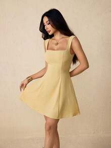 Vestido mini elegante y romántico de color amarillo mantequilla sin espalda y sin mangas para mujer, vestido de cumpleaños, vestido ajustado para playa, vacaciones y citas, vestido para té, vestidos de verano para mujer - Amarillo claro - Ver 4