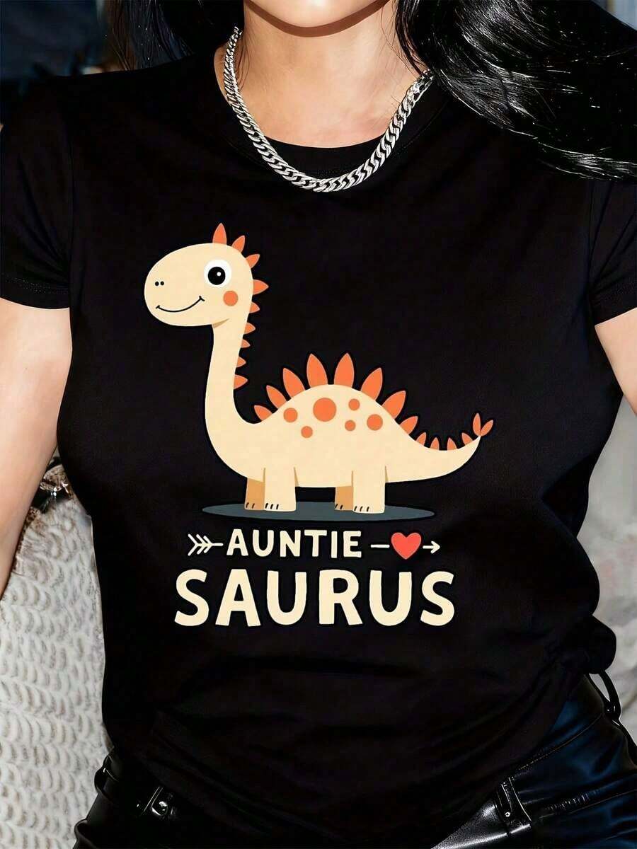 New Arrivals For Summer. Women's Funny Dinosaur Graphic T-Shirt "Aunt Saurus" - Adorable Dino And Aunt Print, Short Sleeve, Crew Neck, Casual Style, Relaxed Fit, All Season Comfort, Birthday Party Outfit For Women (Black With Brown Dinosaur Design) - Gift Idea For Aunt, Geometric Pattern, Fabric, Machine Washable, Funny Dinosaur And Aunt Saurus Design, Perfect For Casual Outfits, Blouses And Tops For Women, Women's T-Shirts, Blouses And Tops For Ladies, Women's Shirts, Blouse, Shirt > Beautiful. - 黑色 - 查看 1