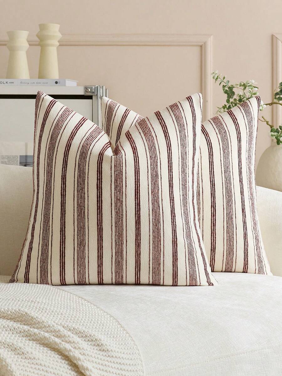 1pc Iron Red Striped Throw Pillow Cover (Pillow Insert Not Included), Modern Stylish Soft Chenille & Faux Linen Blended Dual-Color Striped Comfortable Cushion Cover, Suitable For Home Sofa, Bedroom, Decor, All Seasons