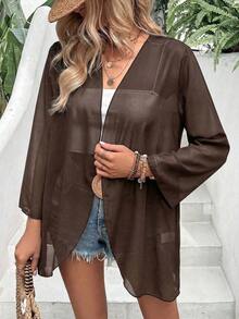 Chaqueta ligera y transparente de manga acampanada de unicolor casual de vacaciones EARO para primavera - Café integral - Ver 6