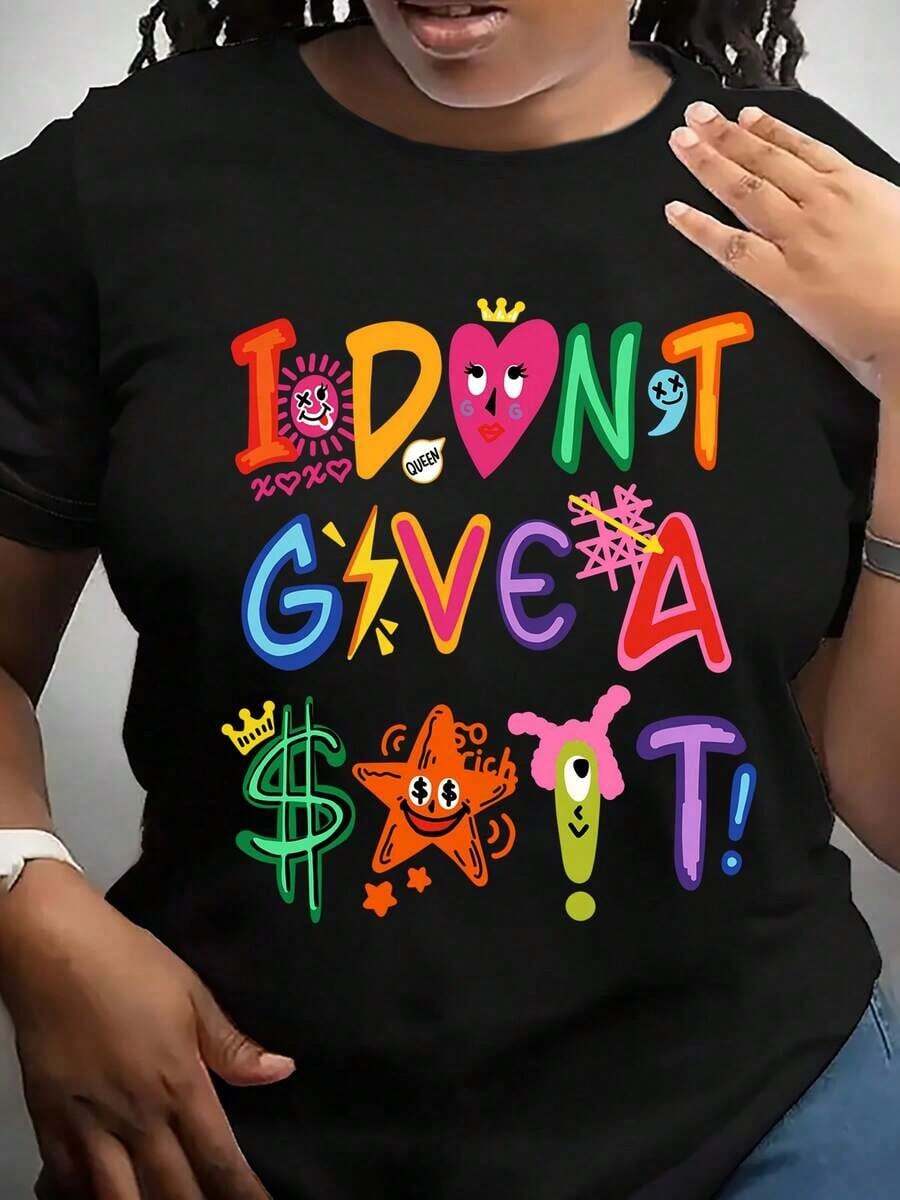 New Arrivals For Summer.Plus Size-Women's Colorful Graphic T-Shirt, "I DON'T GIVE A" Bold Text, Casual Loose Fit, Summer T-Shirt, Comfortable Style, Plus Size-1-5Blouse,Shirt > Beautiful. - 黑色 - 查看 1