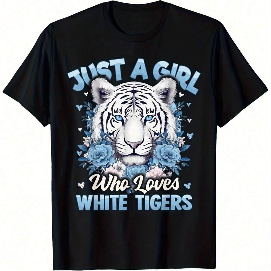 Women's And Girls' T-Shirt "Only A Girl Who Loves White Tigers" - Retro Style With Tiger Graphic, Pink Blue And Slogan Badge On The Front, Soft Medium Stretch Cotton With Round Neck And Short Sleeves For All Day Casual Wear Or Outdoor Sports - 黑色 - 查看 1