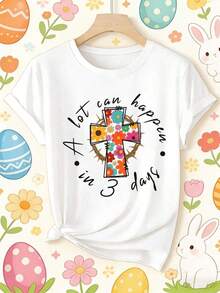 Simple And Versatile Design Women's Elegant Short-Sleeve T-Shirt, Stylish And Comfortable, Retro And Cool, Suitable For Daily Wear, Casual And Stylish, Perfect For Spring And Summer, Round Neck, Short Sleeve, Ideal For Easter And Parties - 白色 - 查看 1