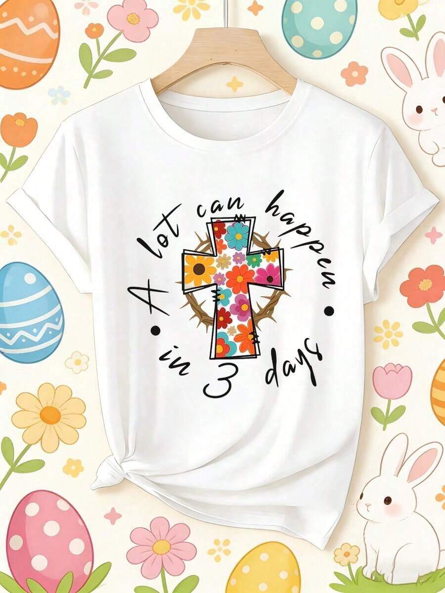 Simple And Versatile Design Women's Elegant Short-Sleeve T-Shirt, Stylish And Comfortable, Retro And Cool, Suitable For Daily Wear, Casual And Stylish, Perfect For Spring And Summer, Round Neck, Short Sleeve, Ideal For Easter And Parties - 白色 - 查看 1