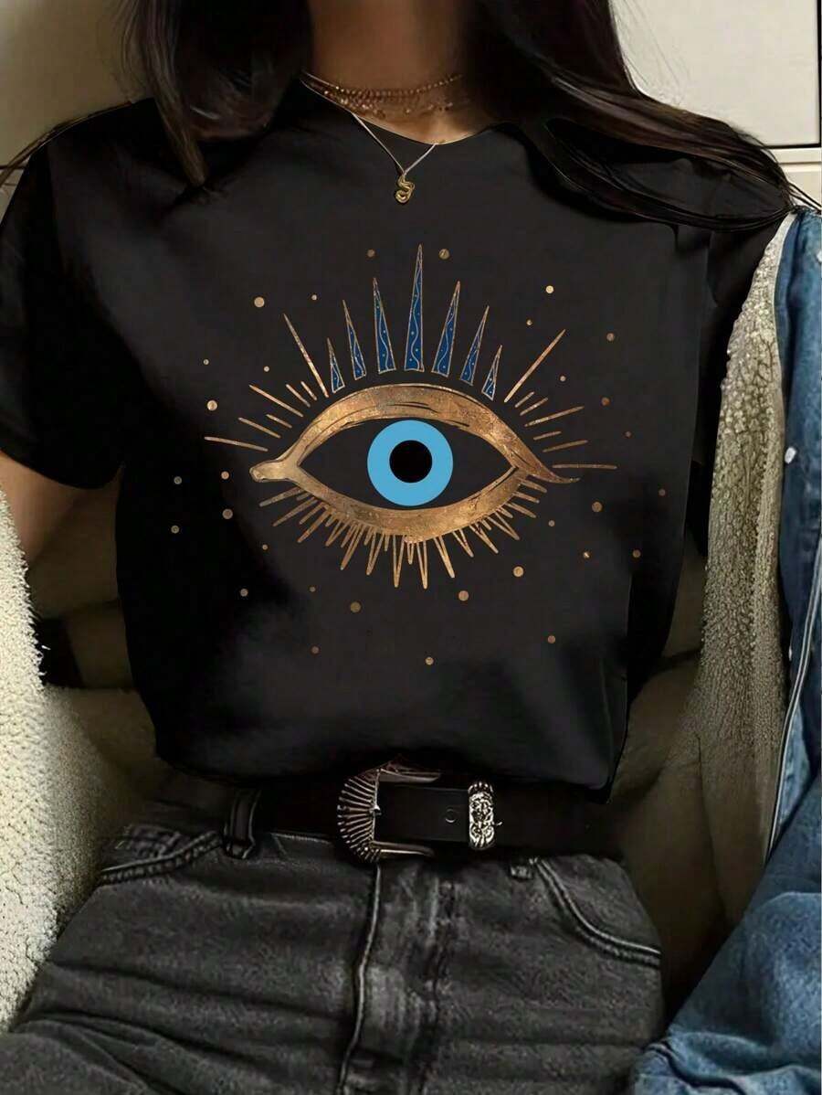 Camiseta de manga corta con cuello redondo y estampa de sol y luna para mujeres - Negro - Ver 1