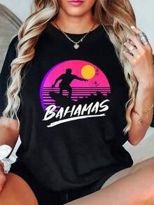 Women's Cotton Short Sleeve T-Shirt With Crew Neck And Beach Surf Print, Casual Summer Graphic Tee. Crew Neck, 100% Cotton, Soft Fabric, Breathable And Cool Short Sleeves - 黑色 - 查看 1