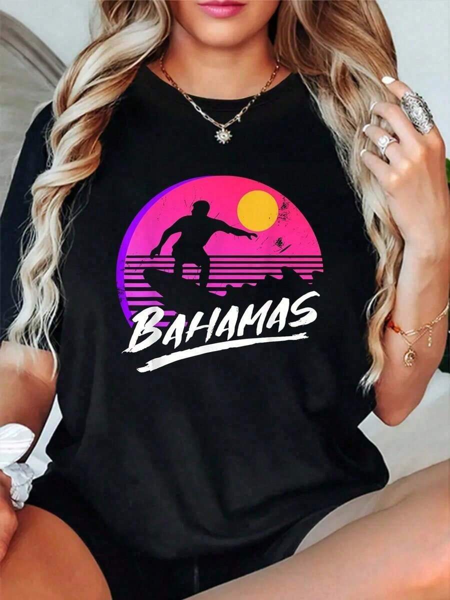 Women's Cotton Short Sleeve T-Shirt With Crew Neck And Beach Surf Print, Casual Summer Graphic Tee. Crew Neck, 100% Cotton, Soft Fabric, Breathable And Cool Short Sleeves - 黑色 - 查看 1