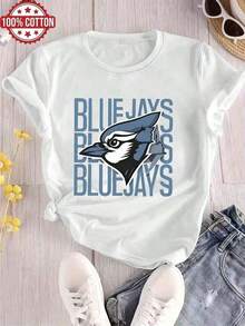 Women's Crew Neck T-Shirt, 100% Lightweight Cotton, With A Blue Jays Graphic Print, Suitable For Casual Everyday Wear, Holidays, Birthdays, And More. Ideal For Summer, Made Of Pure Cotton. - 白色 - 查看 6