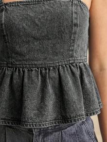 Conjunto de verano para mujer con top casual de tela de mezclilla suave, con tirantes de espagueti, bajo con volantes, ajustado al busto y silueta fluida - Negro - Ver 2