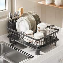 Kitchen Sink Dish Drainer Rack With 360°Drip Tray Cutlery Holder Plate Cup Racks - Black - View 1