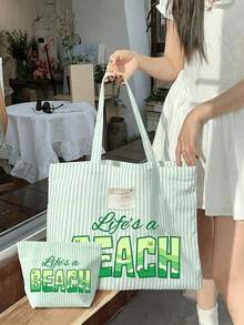 “Life's A Beach”印花 - 复古粉白条纹帆布手提包,女士大容量条纹沙滩托特包,旅行沙滩包兼时尚购物单肩包,可折叠帆布单肩手提包,防水防沙旅行包,夏季必备单品,适合海滩旅行、泳池派对、购物和日常使用,适合女性、旅行者和海滩爱好者,也适合复活节、教师节和假期等场合。 - 彩色 - 查看 16