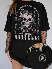 1 Piece Casual T-Shirt Gift For Valentine's Day, With Skull Graphic Print And The Phrase "Always Fall For The Villain", For Dark Romance Book Club (Single Piece, Material: 100% Cotton) 180g 100% Cotton - 黑色 - 查看 1