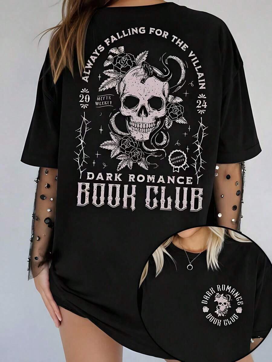 1 Piece Casual T-Shirt Gift For Valentine's Day, With Skull Graphic Print And The Phrase "Always Fall For The Villain", For Dark Romance Book Club (Single Piece, Material: 100% Cotton) 180g 100% Cotton - 黑色 - 查看 1
