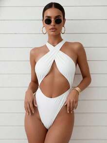 New Arrival Sexy Halter Backless One Piece Swimsuit To Show Your Great Figure, Perfect For Women On Vacation Summer Beach Elegant Black WUA8 - 白色 - 查看 5