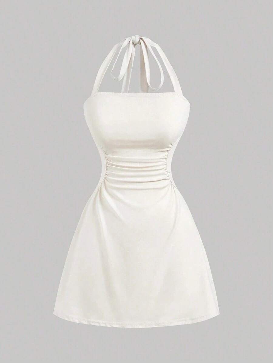 Vestido de línea A sencillo de unicolor para mujer con cintura fruncida y diseño de halter en forma de V - Beis - Ver 1
