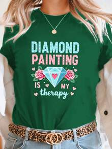 Women's T-Shirts, Women's T-Shirts, T-Shirt With The Design "Diamond Painting Is  To Relieve Stress" - Short Sleeve, Round Neck, Casual Top, Diamond Painting Pattern Design, Suitable For Spring And Summer, Medium Elasticity, Exclusive Outfit For Diamond Painting Enthusiasts. - 1件白色隨機圖案 - 查看 6