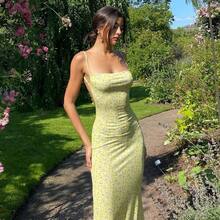 Y2K Floral Print Long Dress With Thin Straps, Bodycon Summer Dress With Deep V-Neck, Sexy Backless Summer Dresses, Streetwear - 紅色 - 查看 1